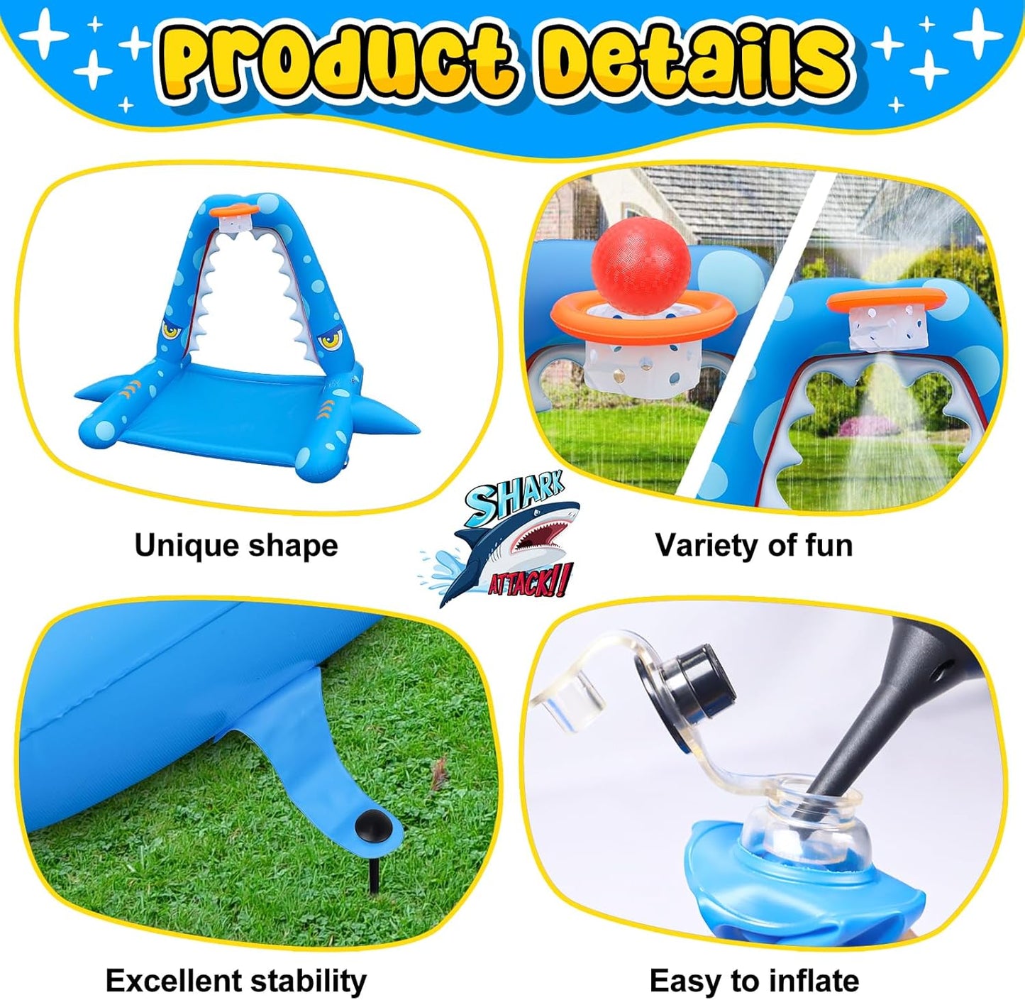 JOSEN Sprinkler for Kids Outdoor Play, Giant Inflatable Shark Water Toys Splash Pad with Basketball Hoop, Fun Sprinkler Summer Outdoor Game for 3-8 Years Old Children Boys Girls Gift